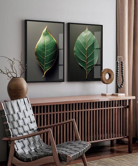 2 Quadros Decorativos Folhagem Verde Gold Moderna com Vidro