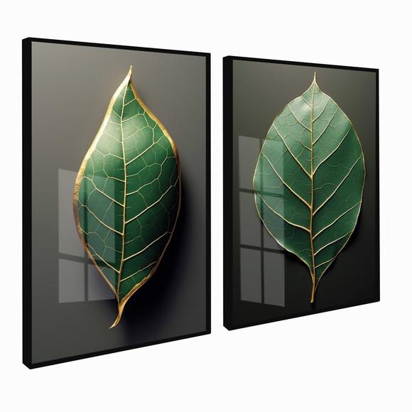 2 Quadros Decorativos Folhagem Verde Gold Moderna com Vidro