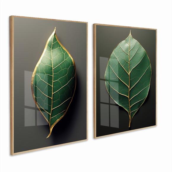 2 Quadros Decorativos Folhagem Verde Moderna Moldura Vidro