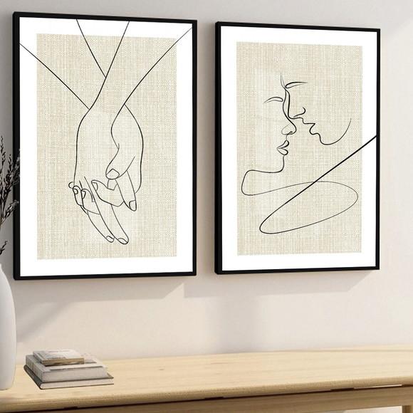 2 Quadros Decorativos Moderno Quarto Casal Moldura e Vidro