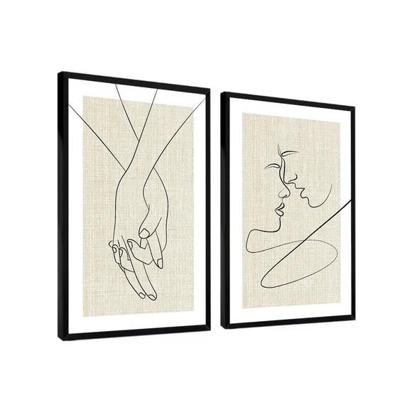 2 Quadros Decorativos Moderno Quarto Casal Moldura e Vidro