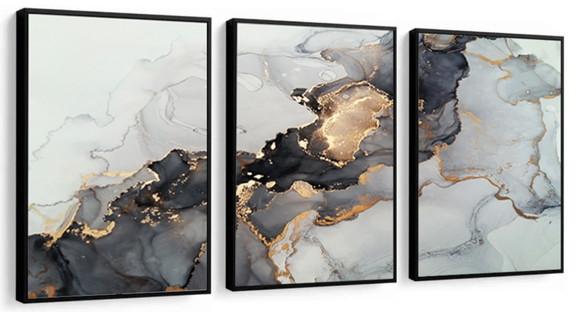 3 Quadros Abstrato Cinza Mármore Conjunto Decoração Molduras