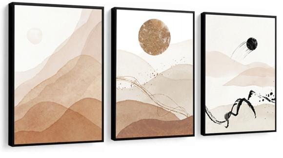 3 Quadros Abstrato Decoração Tons Marrom Conjunto Molduras