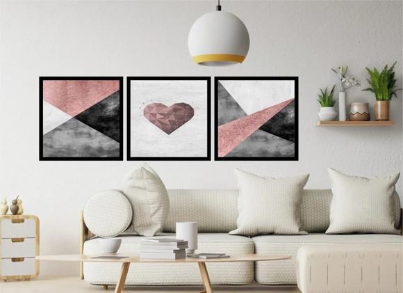 3 Quadros Abstrato Geométrico Rosê Decoração Casal Molduras