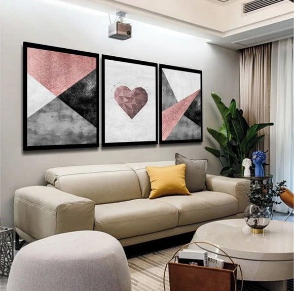 3 Quadros Abstrato Geométrico Rosê Decoração Casal Molduras