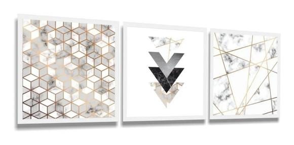 3 Quadros Abstrato Geométrico Mármore Gold Decoração Moldura