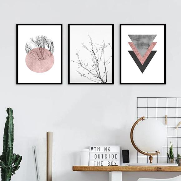 3 Quadros Abstrato Geométrico Rose Galhos Decoração Molduras