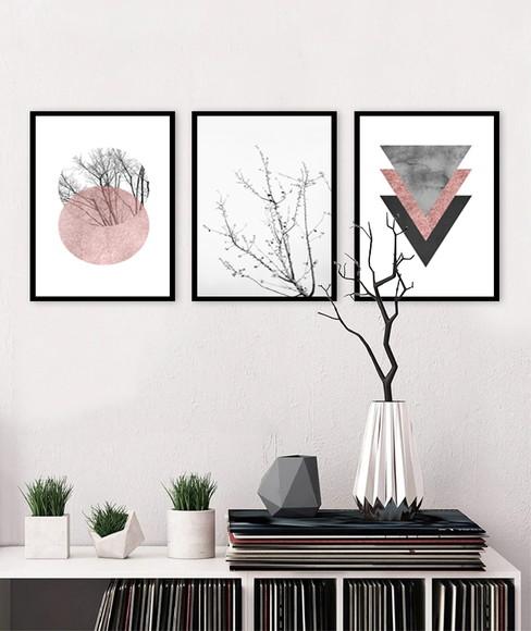 3 Quadros Abstrato Geométrico Rose Galhos Decoração Molduras