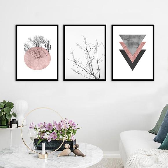 3 Quadros Abstrato Geométrico Rose Galhos Decoração Molduras