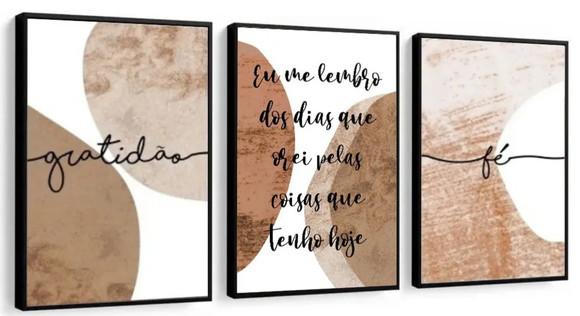 3 Quadros Abstrato Marrom Frases Oração Decoração Moldura