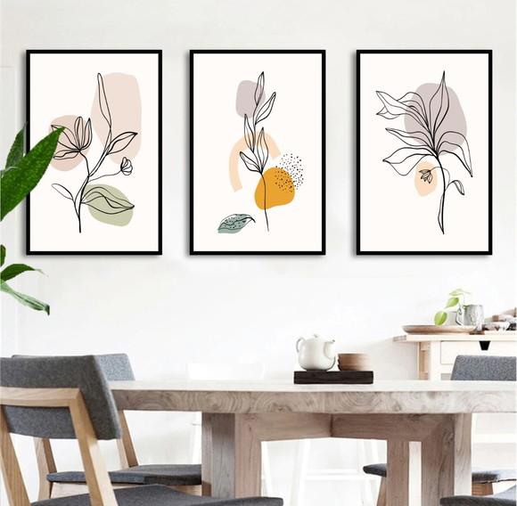 3 Quadros Abstratos Folhagem Desenho Decoração Com Moldura