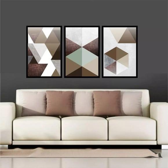 3 Quadros Abstratos Geométrico Marrom Tons Neutros Molduras