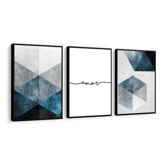 3 Quadros Abstratos Geométricos Amor Azul Decoração Moldura