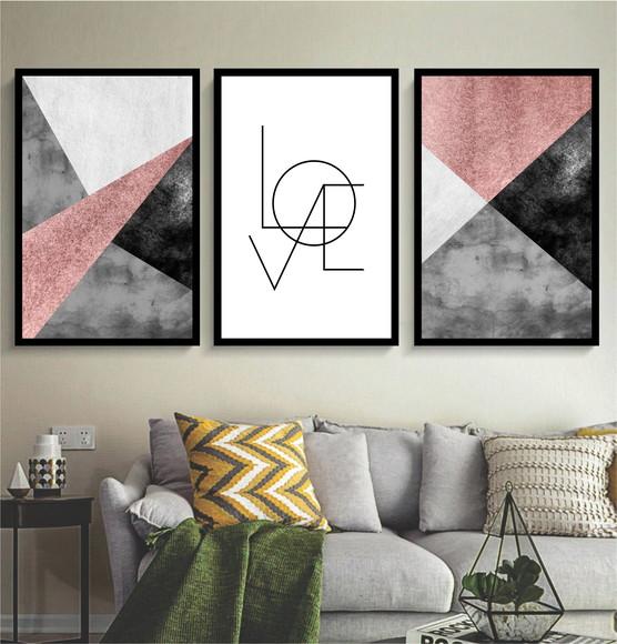 3 Quadros Abstratos Geométricos Love Casal Decoração Moldura