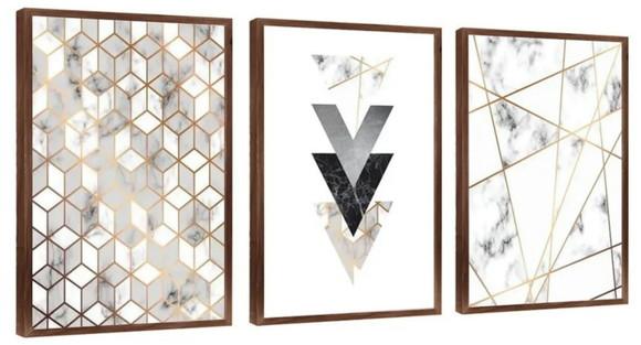 3 Quadros Abstratos Geométricos Mármore Decoração Molduras
