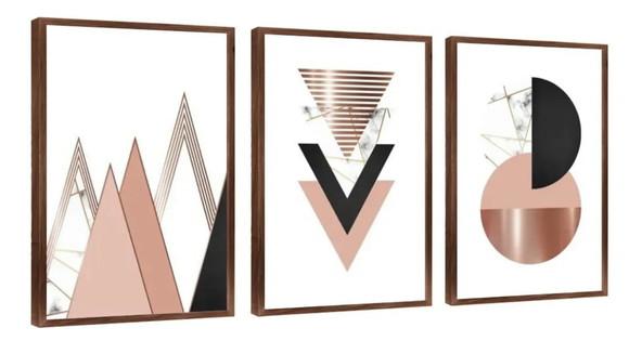 3 Quadros Abstrato Geométrico Rosê Gold Decoração Molduras