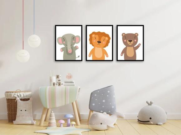 3 Quadros Animais Leão Elefante Decoração Infantil Molduras