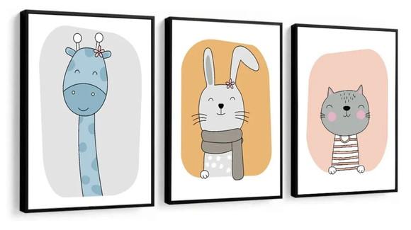 3 Quadros Animais Girafa Coelho Decoração Infantil Molduras