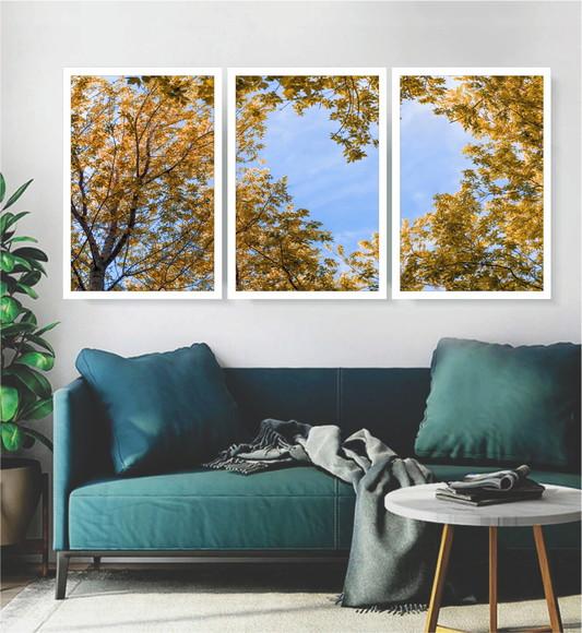 3 Quadros Arvore Amarela Decoração Conjunto Folhagem Moldura