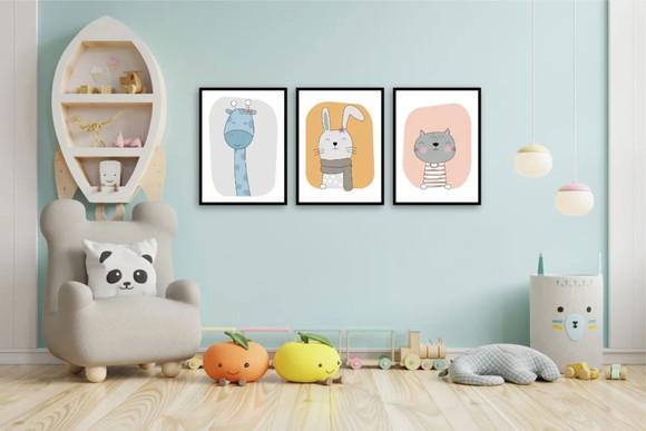 3 Quadros Animais Girafa Coelho Decoração Infantil Molduras