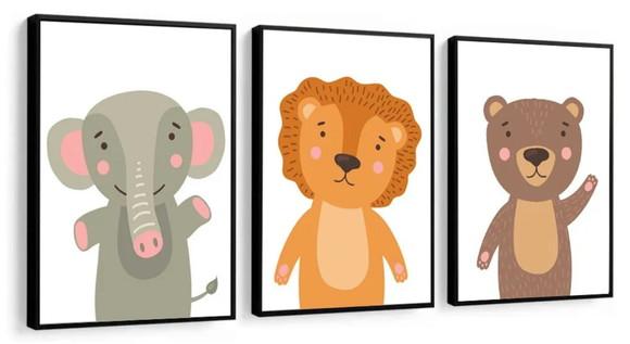 3 Quadros Animais Leão Elefante Decoração Infantil Molduras