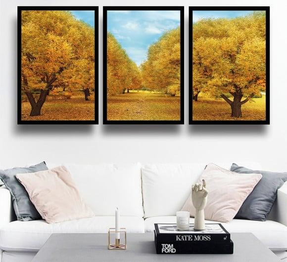 3 Quadros Arvore Amarela Florestas Outono Decoração Moldura