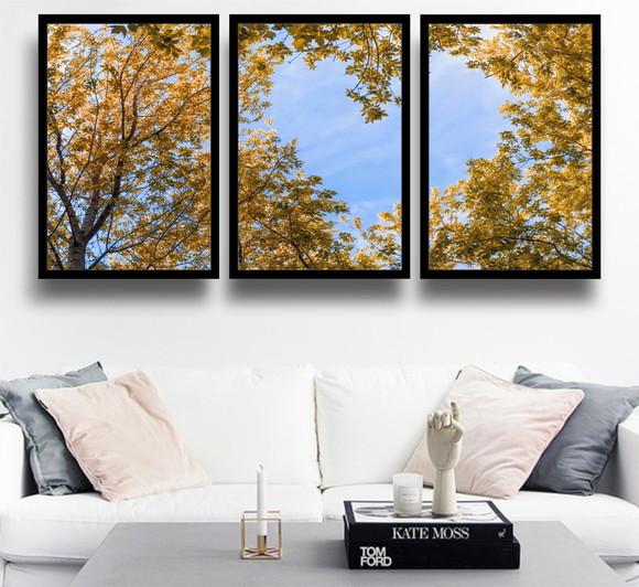 3 Quadros Arvore Amarela Decoração Folhagem Conjunto Moldura