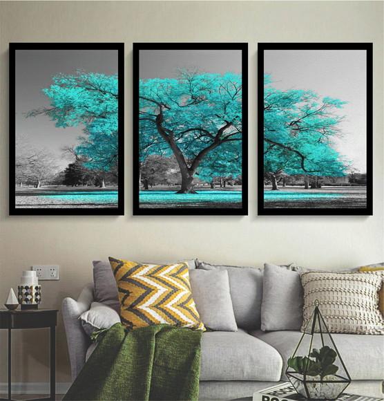 3 Quadros Arvore Azul Botânico Decoração Conjunto Molduras