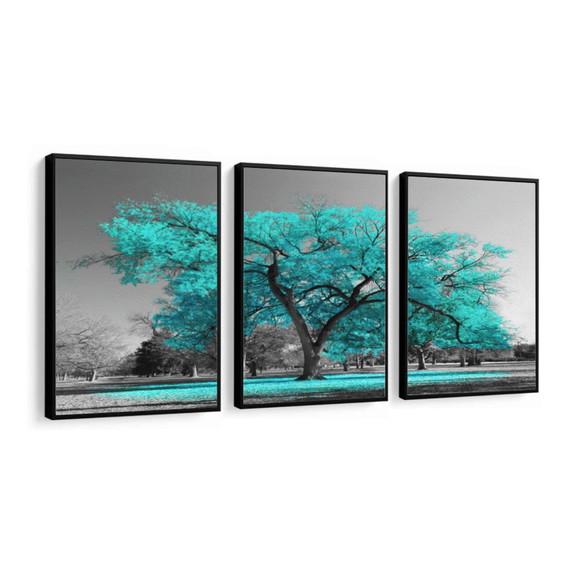 3 Quadros Arvore Azul Botânico Decoração Conjunto Molduras