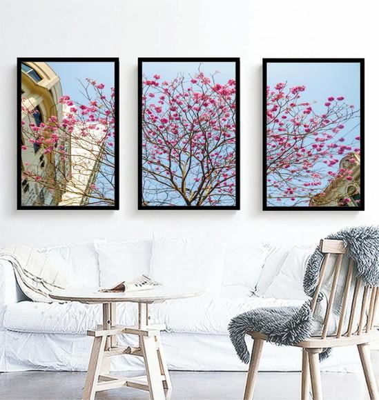 3 Quadros Arvore Cerejeira Cidade Decoração Conjunto Moldura