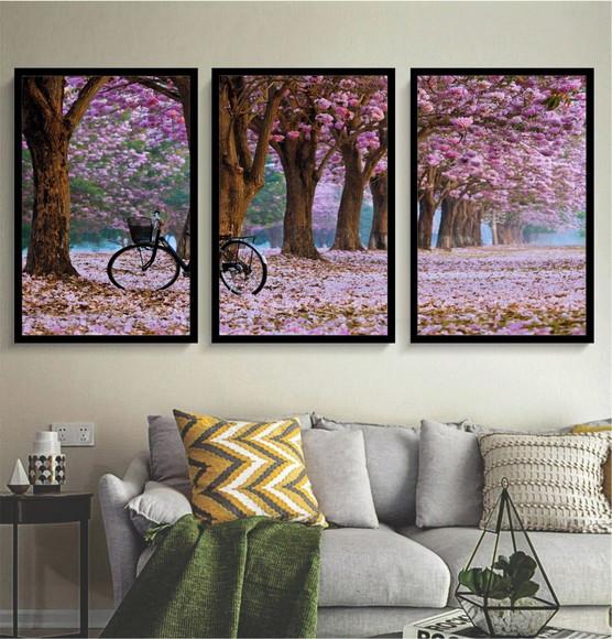 3 Quadros Arvore Cerejeira Paisagem Decoração Bike Molduras