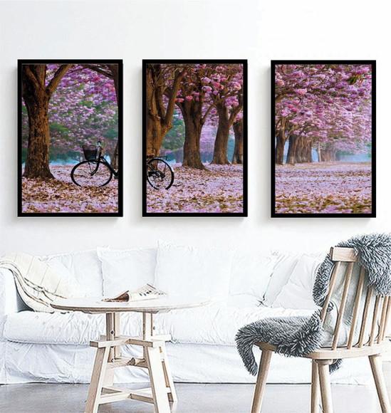3 Quadros Arvore Cerejeira Paisagem Decoração Bike Molduras