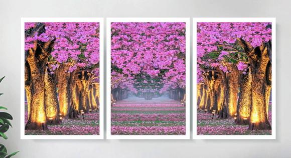 3 Quadros Arvore Folhagem Rosa Cerejeira Decoração Moldura