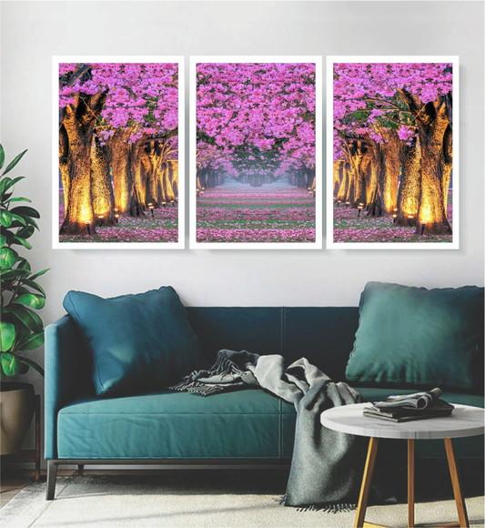 3 Quadros Arvore Folhagem Rosa Cerejeira Decoração Moldura