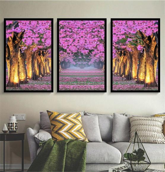 3 Quadros Arvore Folhagem Rosa Cerejeira Decoração Molduras