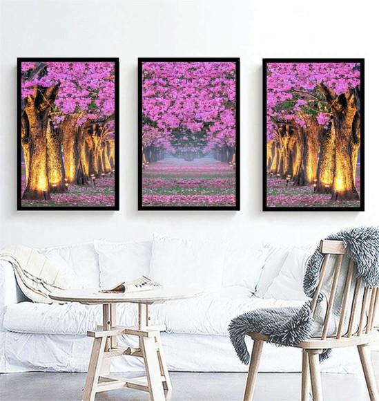 3 Quadros Arvore Folhagem Rosa Cerejeira Decoração Molduras