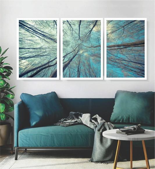 3 Quadros Arvore Galhos Céu Azul Decoração Conjunto Molduras