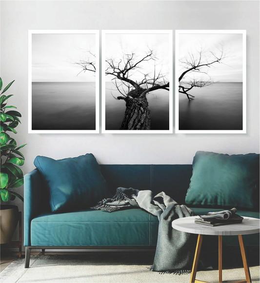 3 Quadros Arvore Paisagem Preto e Branco Decoração Moldura