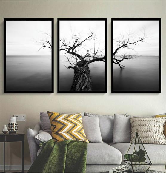 3 Quadros Arvore Paisagem Preto e Branco Decoração Molduras