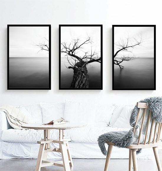 3 Quadros Arvore Paisagem Preto e Branco Decoração Molduras