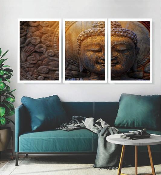 3 Quadros Buda Decoração Meditação Conjunto Budista Moldura