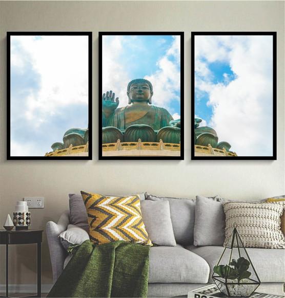 3 Quadros Buda Meditação Decoração Paisagem Conjunto Moldura