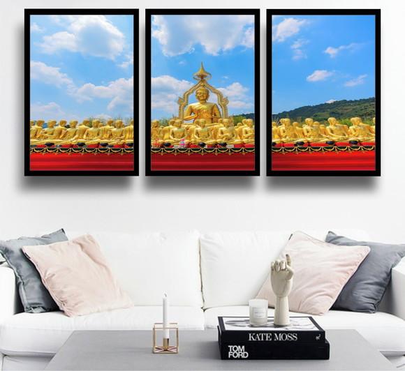 3 Quadros Buda Templo Meditação Decoração Conjunto Moldura