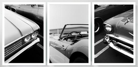 3 Quadros Carros Antigos Preto E Branco Decoração Moldura