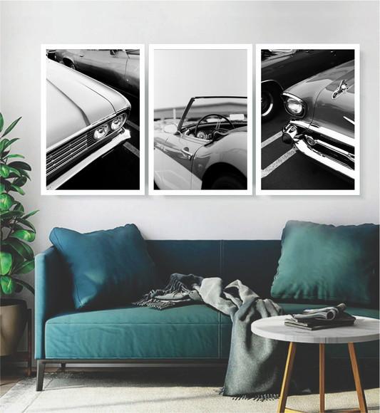 3 Quadros Carros Antigos Preto E Branco Decoração Moldura