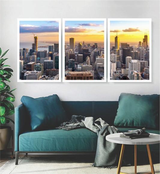 3 Quadros Cidade Chicago Paisagem Decoração Sala Com Moldura