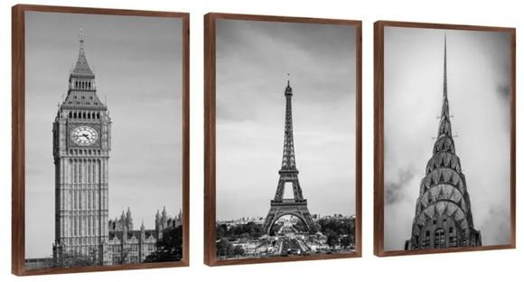 3 Quadros Cidades Preto e Branco Decoração Conjunto Molduras