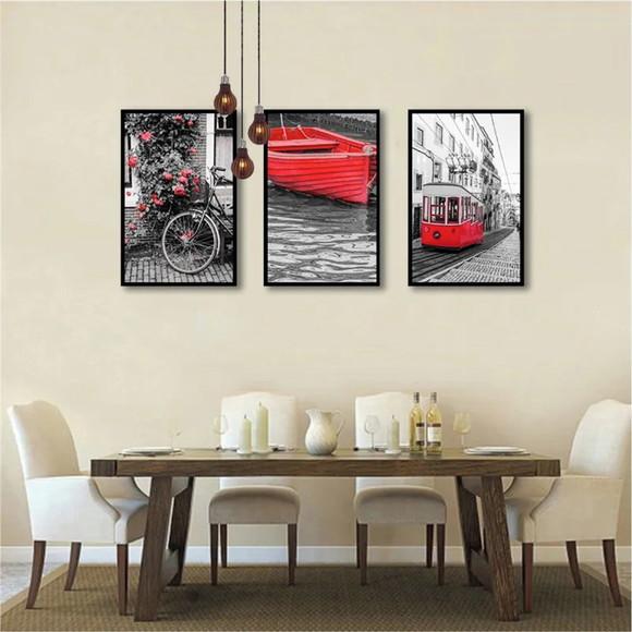 3 Quadros Cidades Preto e Branco Decoração Vermelho Molduras