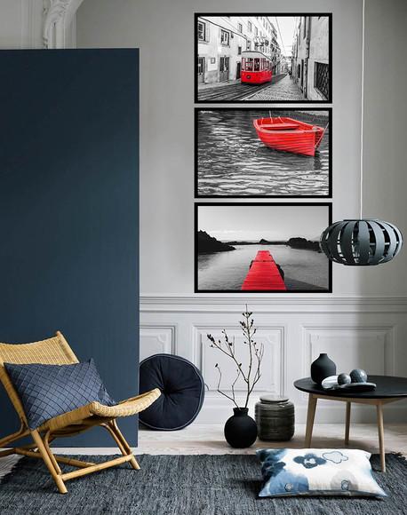 3 Quadros Cidades Preto e Branco Decoração Vermelho Moldura