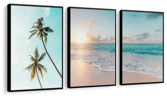 3 Quadros Coqueiro Pôr Do Sol Paisagem Decoração Com Moldura